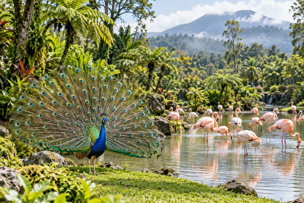 Flamingos and peacock