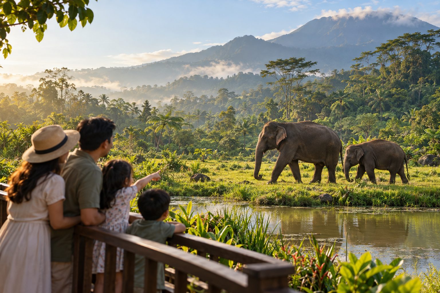 Sumatran elephants at Tasta Zoo with a family watching