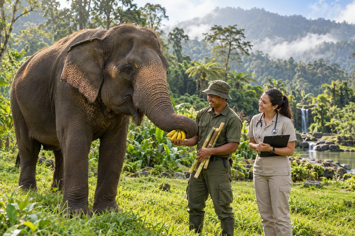 Keeper caring for an elephant